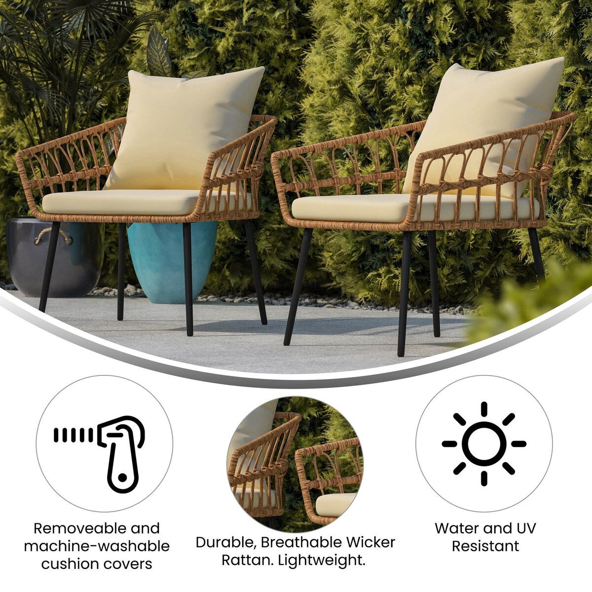 Flash Furniture Evin Set of 2 Boho Rope Rattan Wicker Patio Chairs - 28.25"Wx28"Dx28"H