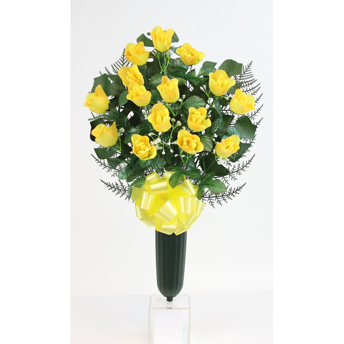 Flat Rosebud & Gypsophilia X17 Cemetery Vase - N/A