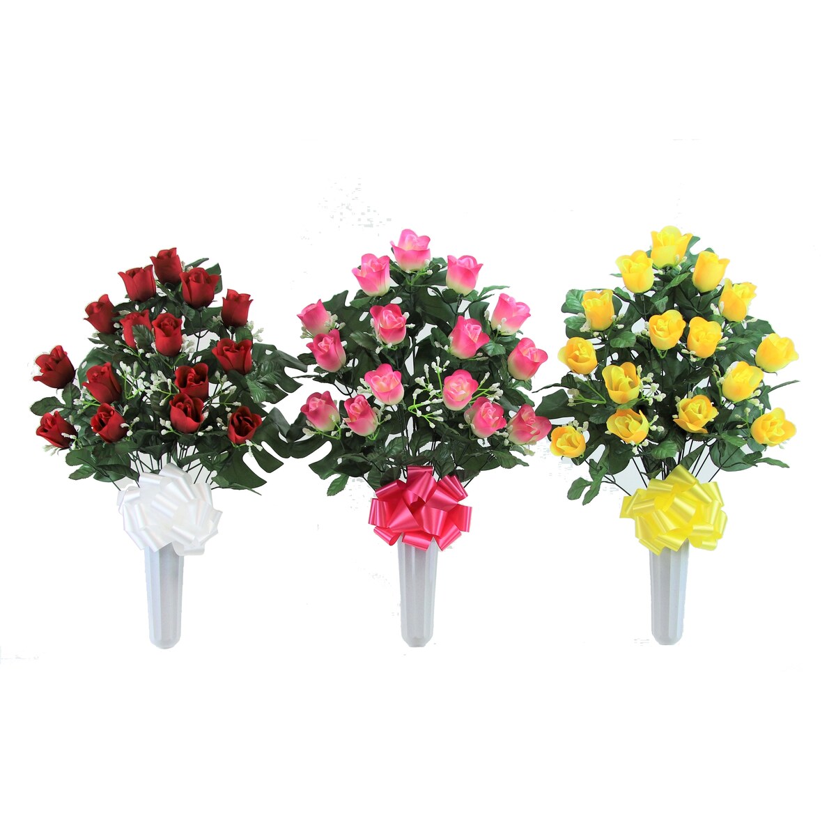 Flat Rosebud & Gypsophilia X17 Cemetery Vase - N/A