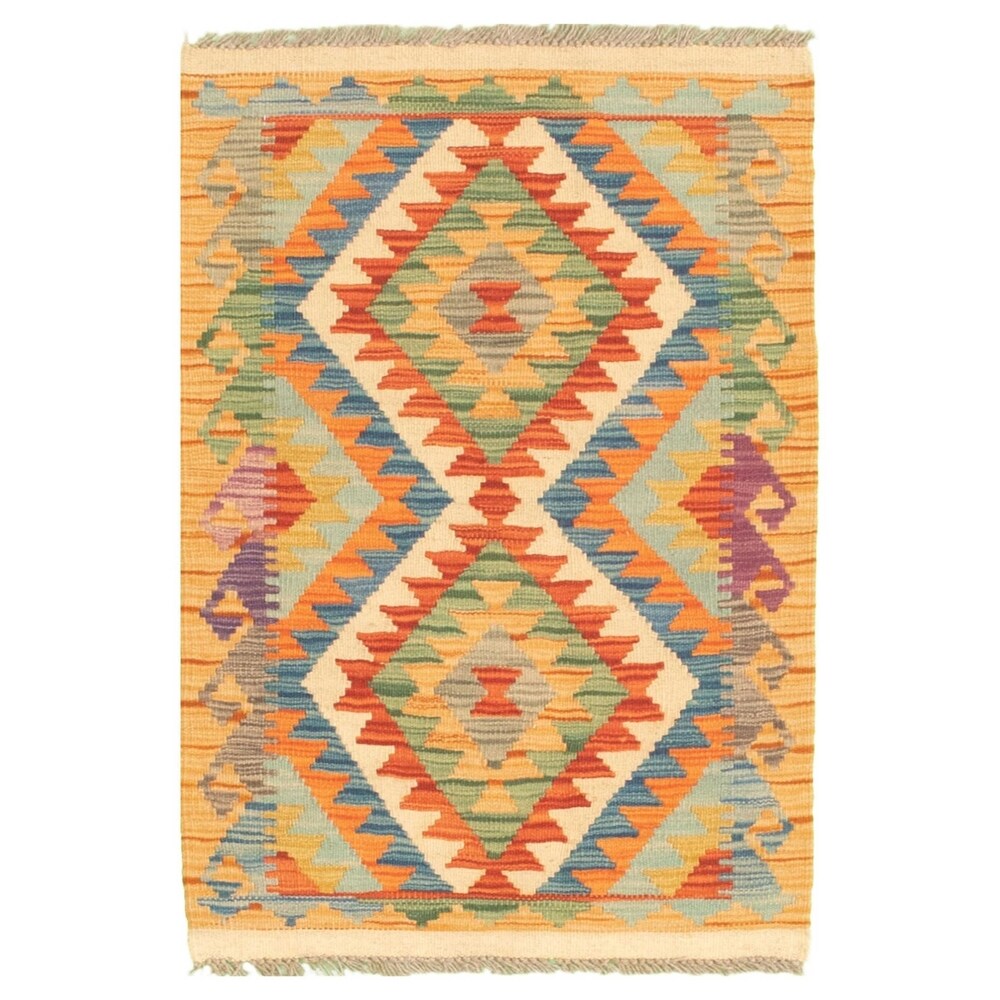 Flat-weave Bold and Colorful Copper, Orange Wool Kilim - 2'0 x 3'0
