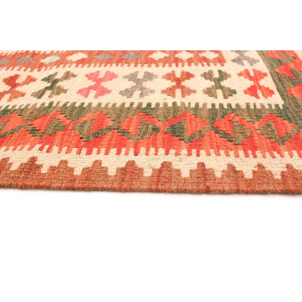 Flat-weave Bold and Colorful Cream, Red Wool Kilim - 3'5 x 6'7