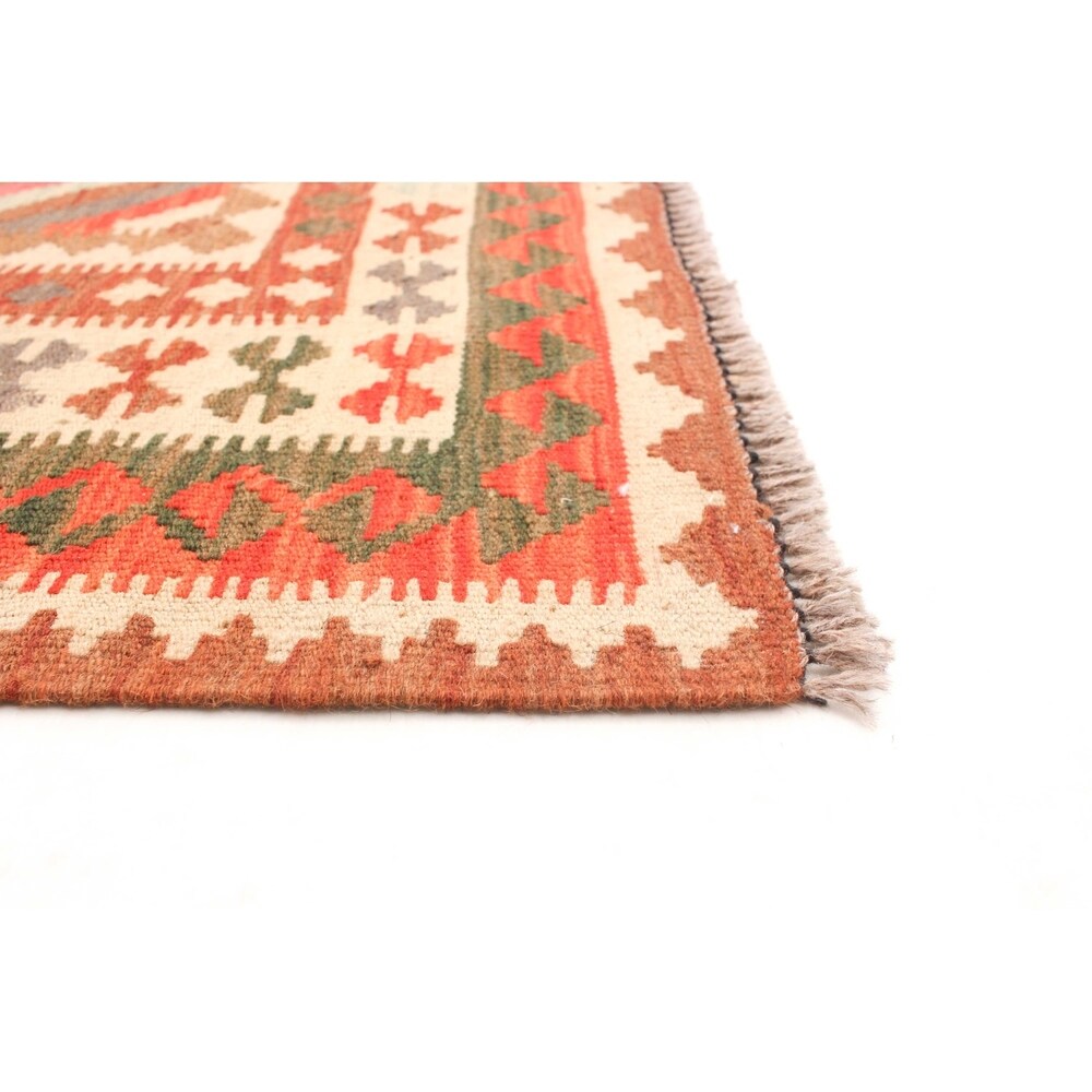 Flat-weave Bold and Colorful Cream, Red Wool Kilim - 3'5 x 6'7