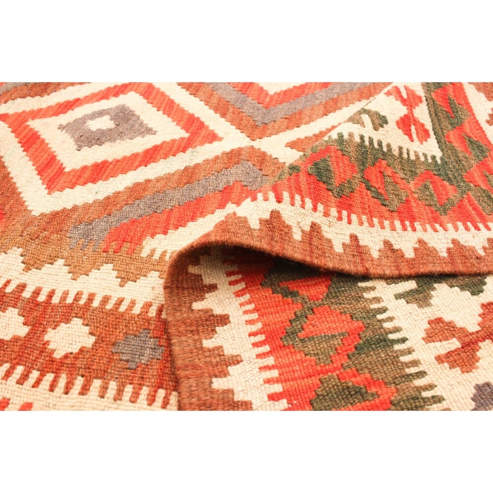 Flat-weave Bold and Colorful Cream, Red Wool Kilim - 3'5 x 6'7