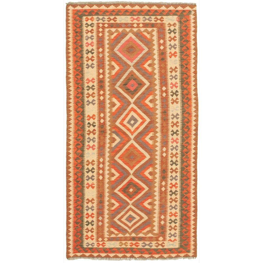 Flat-weave Bold and Colorful Cream, Red Wool Kilim - 3'5 x 6'7