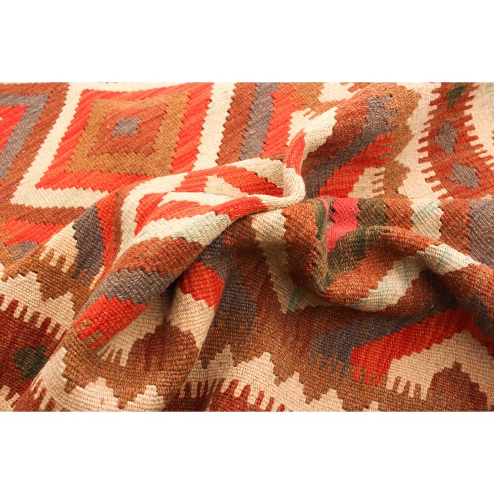 Flat-weave Bold and Colorful Cream, Red Wool Kilim - 3'5 x 6'7