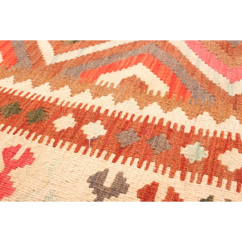 Flat-weave Bold and Colorful Cream, Red Wool Kilim - 3'5 x 6'7