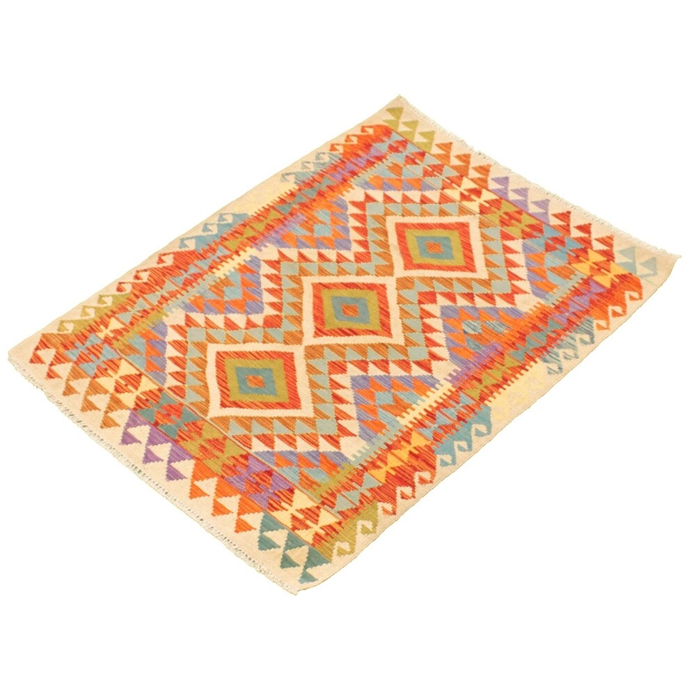 Flat-weave Bold and Colorful Cream, Red Wool Kilim - 3'6" x 4'8"/3'6 x 4'8