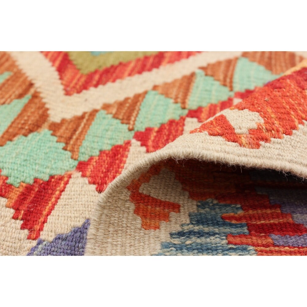 Flat-weave Bold and Colorful Cream, Red Wool Kilim - 3'6" x 4'8"/3'6 x 4'8