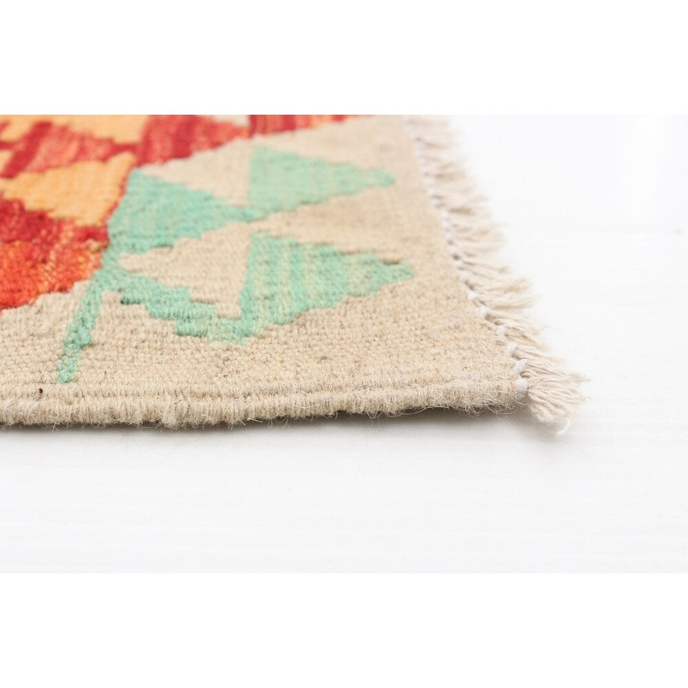 Flat-weave Bold and Colorful Cream, Red Wool Kilim - 3'6" x 4'8"/3'6 x 4'8
