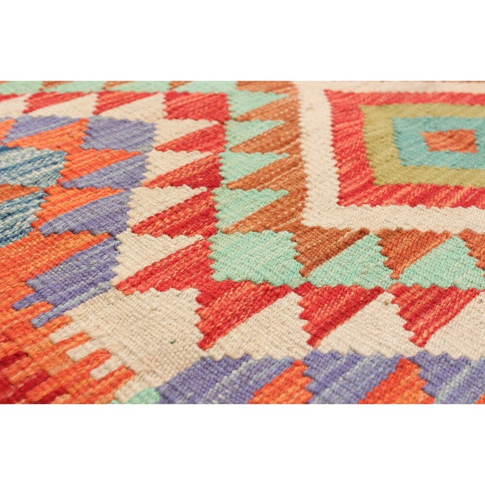 Flat-weave Bold and Colorful Cream, Red Wool Kilim - 3'6" x 4'8"/3'6 x 4'8