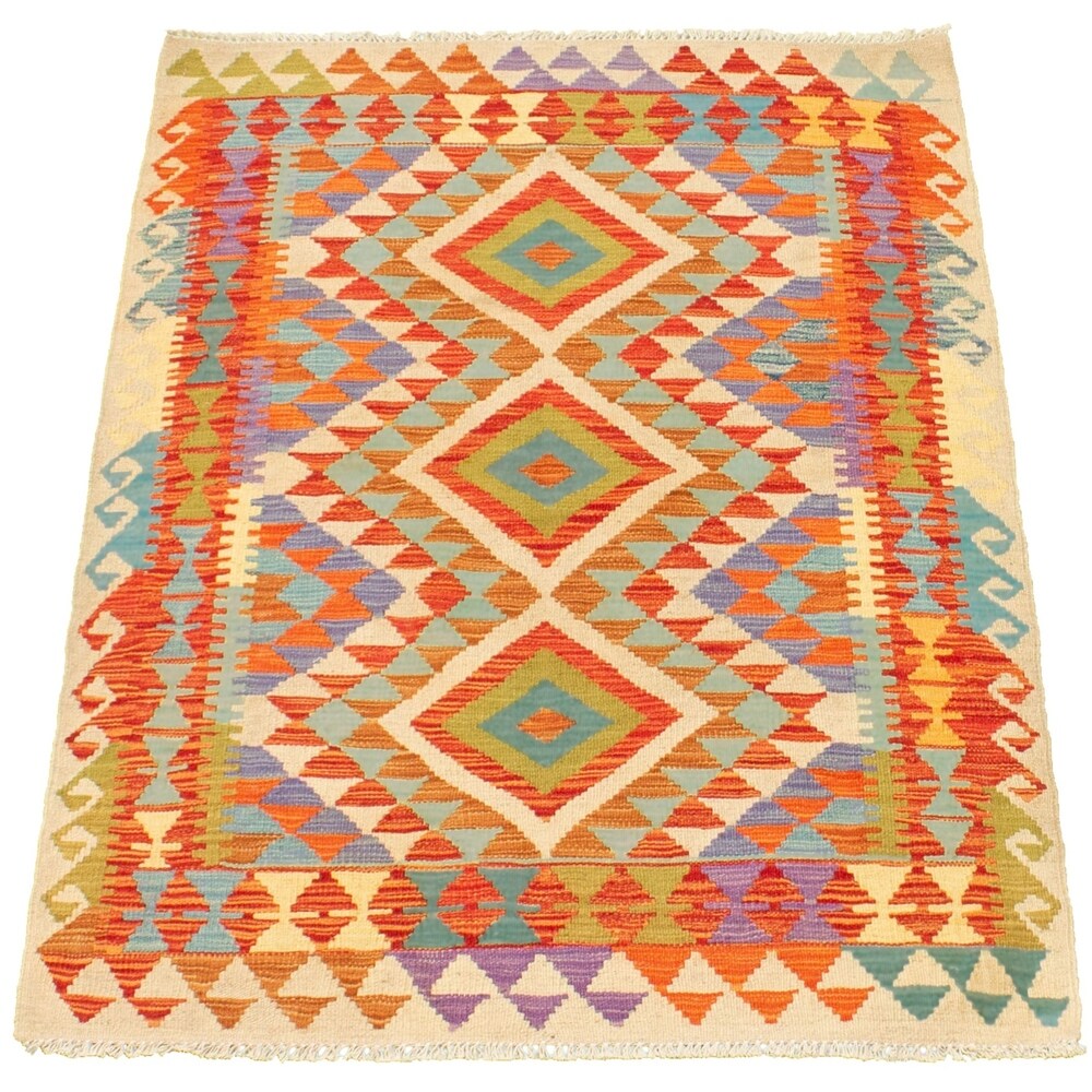 Flat-weave Bold and Colorful Cream, Red Wool Kilim - 3'6" x 4'8"/3'6 x 4'8