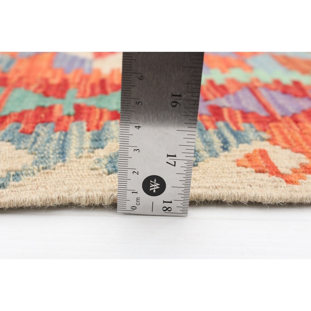 Flat-weave Bold and Colorful Cream, Red Wool Kilim - 3'6" x 4'8"/3'6 x 4'8