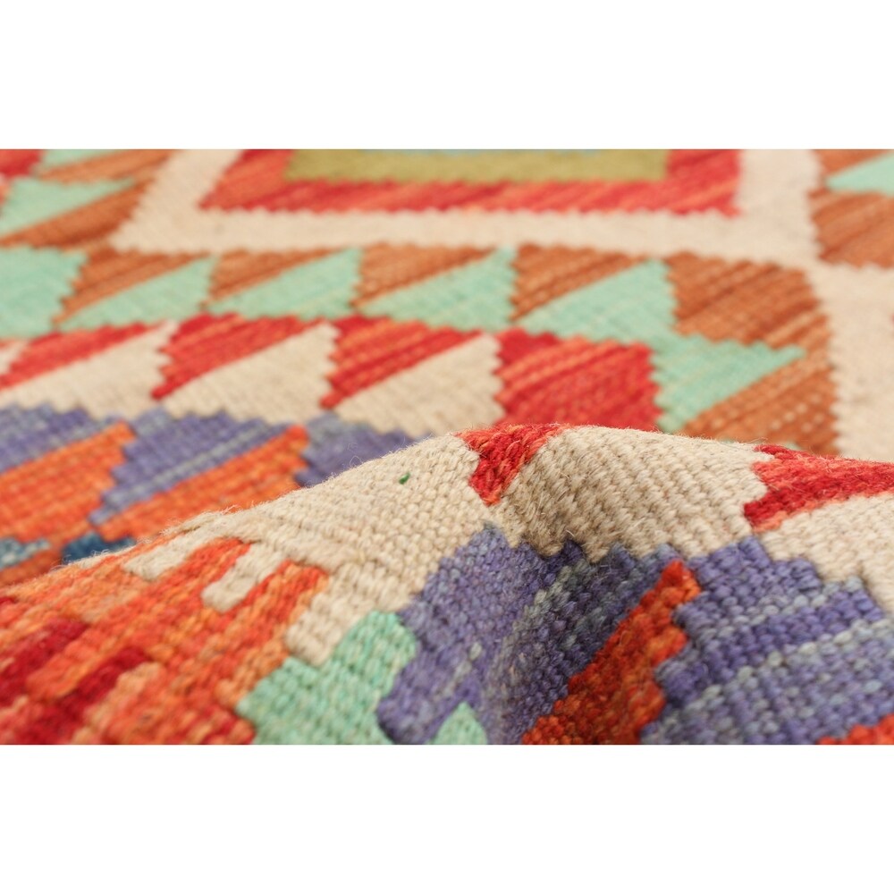 Flat-weave Bold and Colorful Cream, Red Wool Kilim - 3'6" x 4'8"/3'6 x 4'8