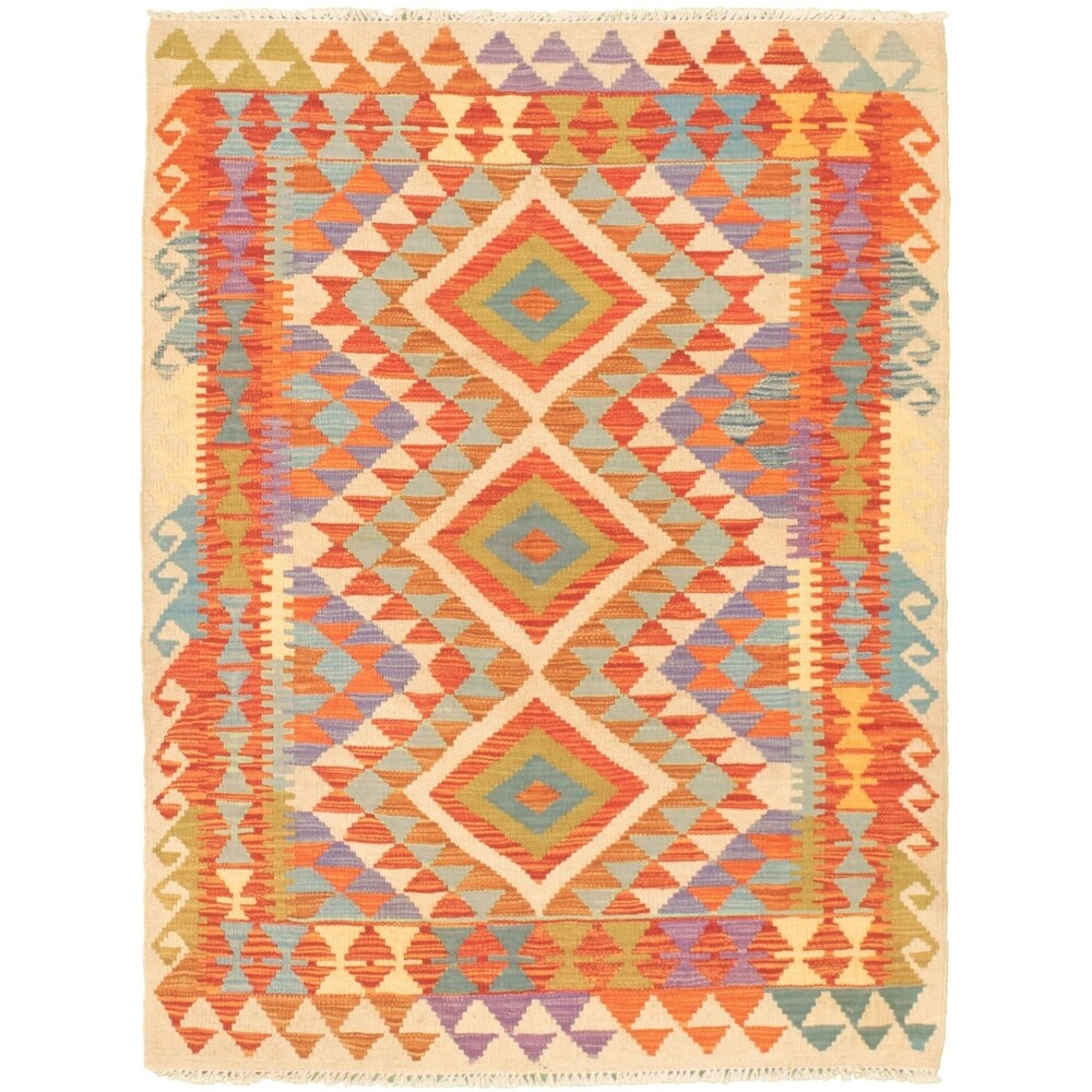 Flat-weave Bold and Colorful Cream, Red Wool Kilim - 3'6" x 4'8"/3'6 x 4'8