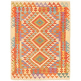 Flat-weave Bold and Colorful Cream, Red Wool Kilim - 3'6" x 4'8"/3'6 x 4'8