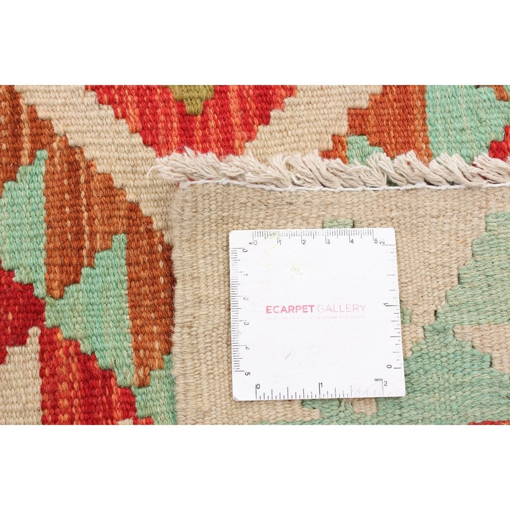 Flat-weave Bold and Colorful Cream, Red Wool Kilim - 3'6" x 4'8"/3'6 x 4'8