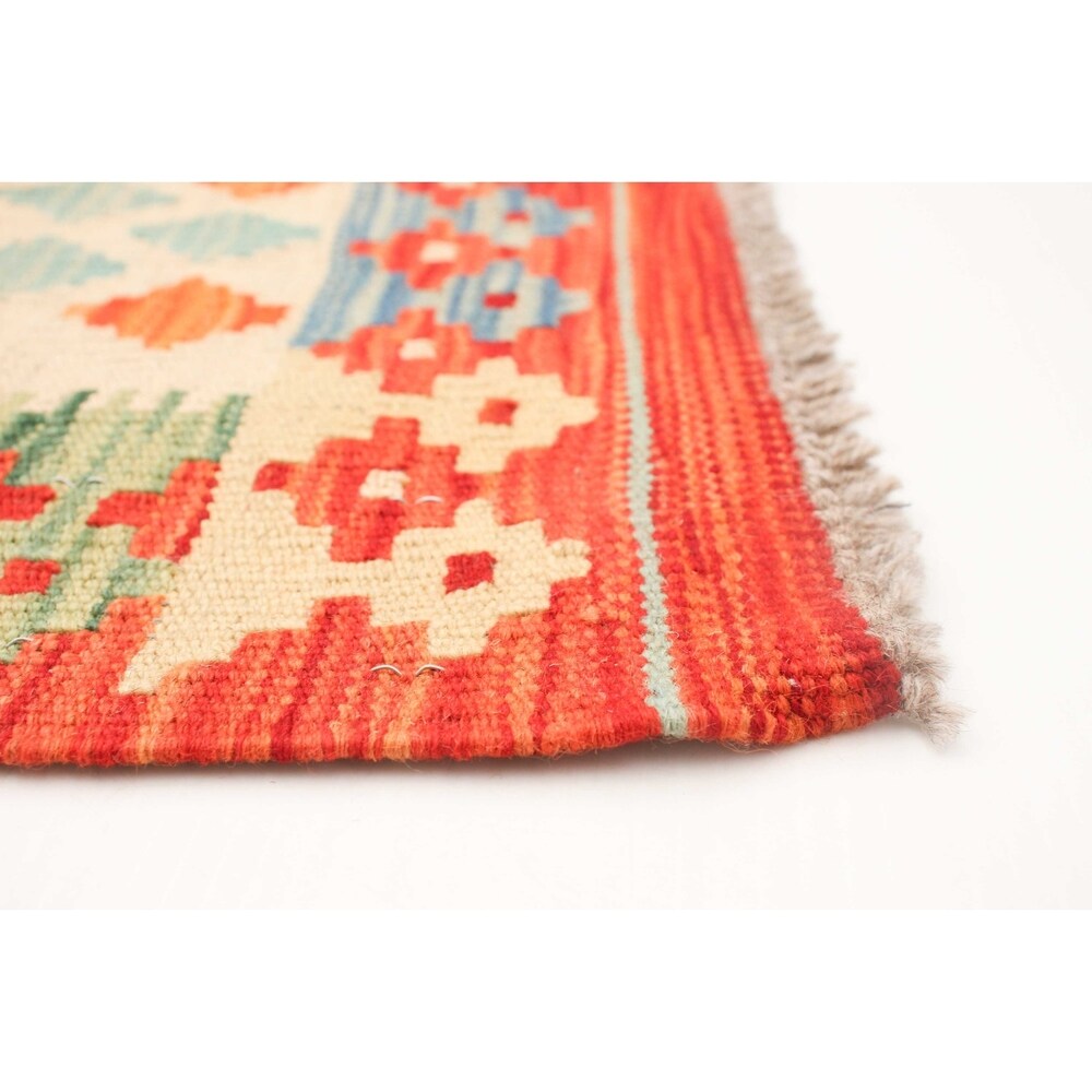 Flat-weave Bold and Colorful Ivory, Red Wool Kilim - 5'5 x 8'3/5'5" x 8'3"
