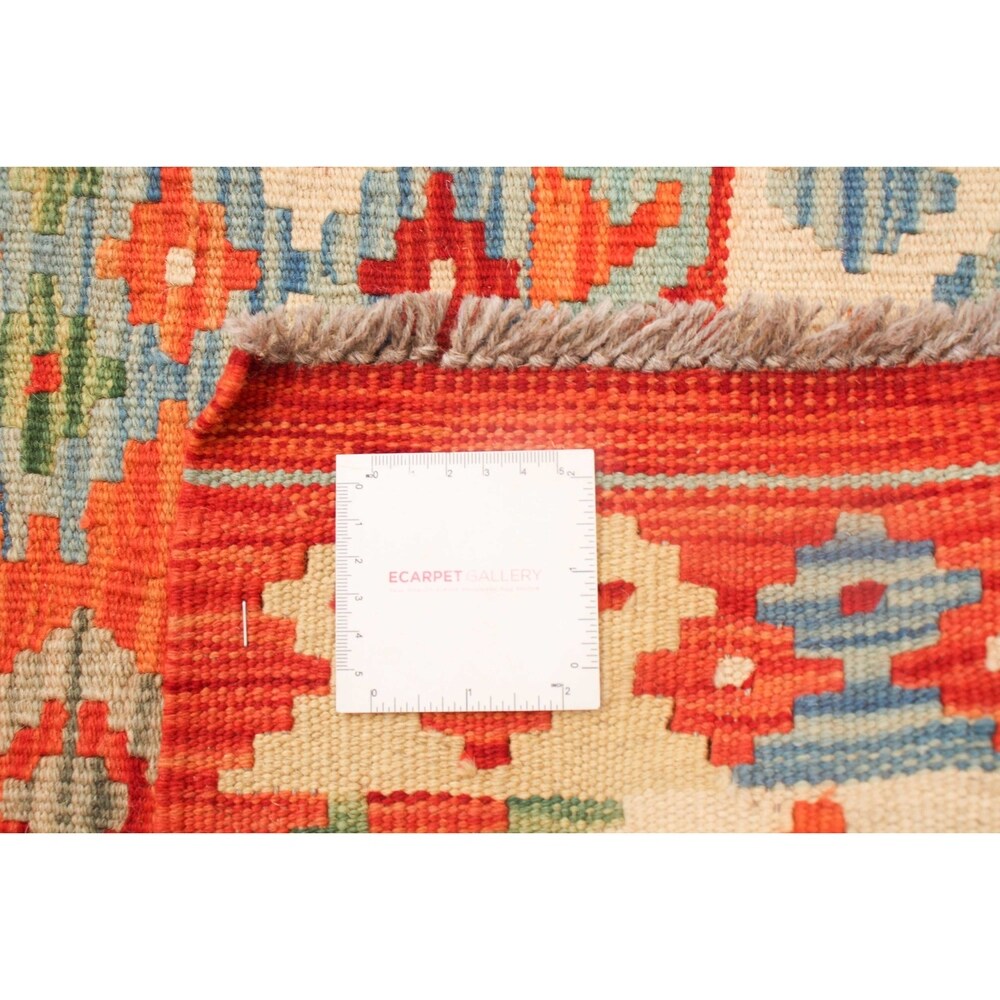 Flat-weave Bold and Colorful Ivory, Red Wool Kilim - 5'5 x 8'3/5'5" x 8'3"