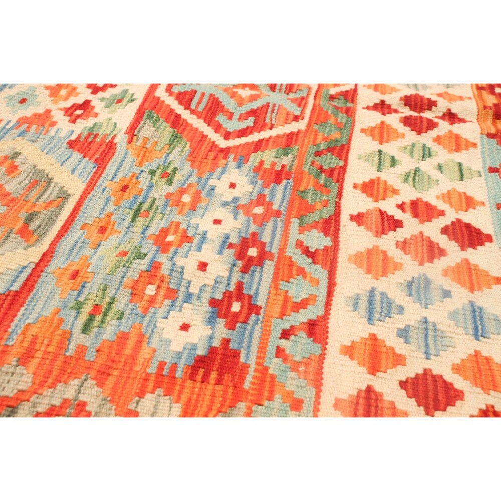 Flat-weave Bold and Colorful Ivory, Red Wool Kilim - 5'5 x 8'3/5'5" x 8'3"