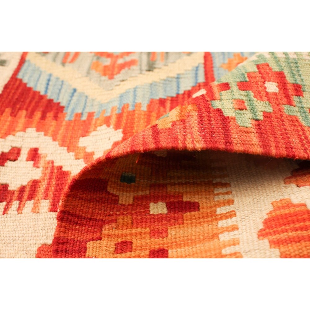 Flat-weave Bold and Colorful Ivory, Red Wool Kilim - 5'5 x 8'3/5'5" x 8'3"