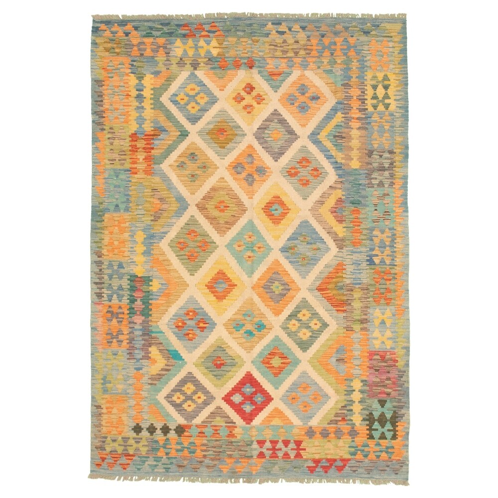 Flat-weave Bold and Colorful Orange Wool Rug - ECARPETGALLERY - 5'7 x 8'0