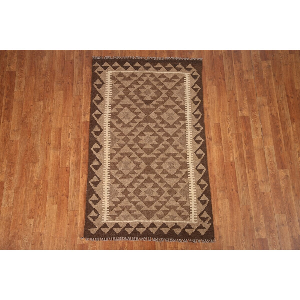 Flat-weave Geometric Kilim Reversible Area Rug Oriental Wool Carpet - 3'0" x 5'2"