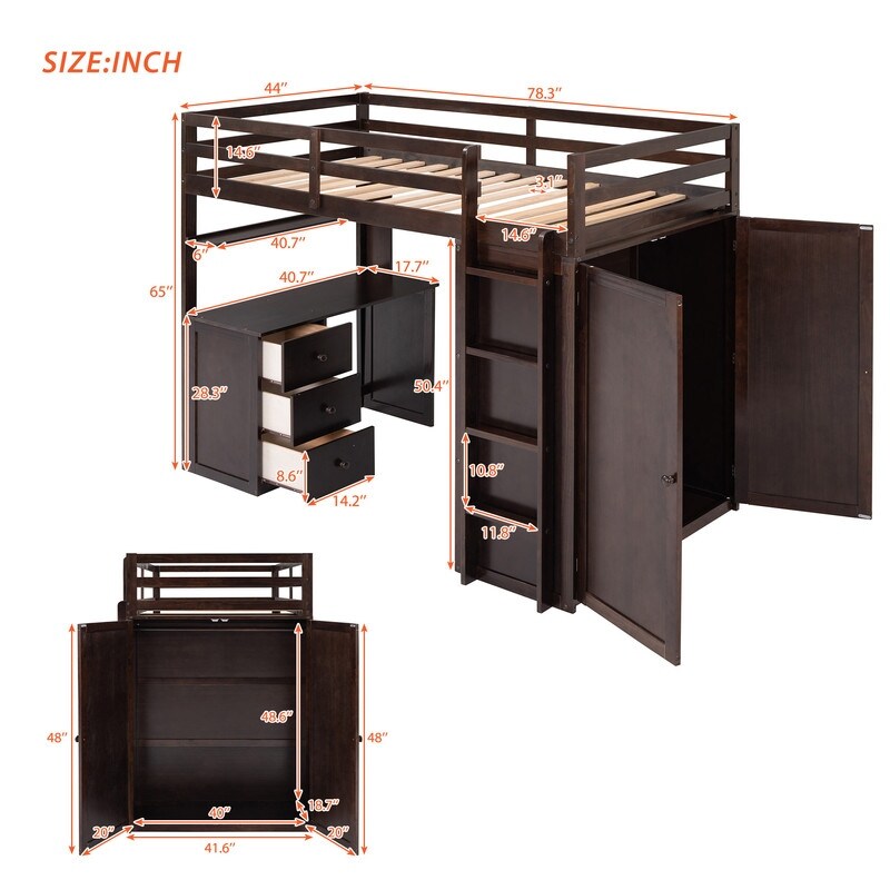 Flexible Design Twin size Loft Bed with Drawers,Desk,and Wardrobe
