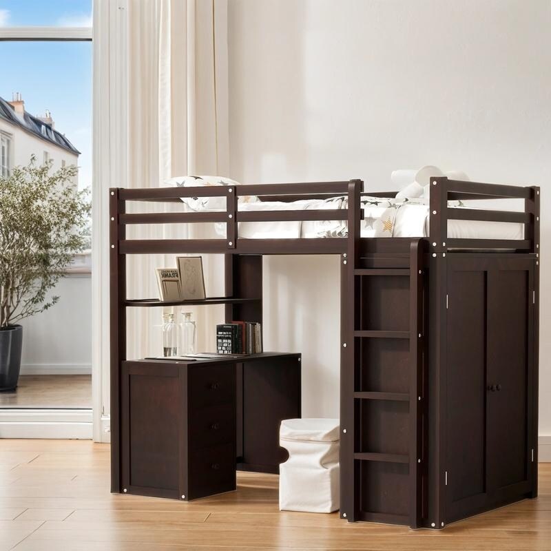 Flexible Design Twin size Loft Bed with Drawers,Desk,and Wardrobe