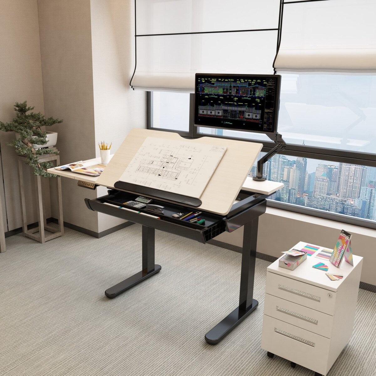 FlexiSpot Height Adjustable Drafting Table Multi-Function Drawing Table Tiltable Tabletop Reading Desk Office Computer Desk