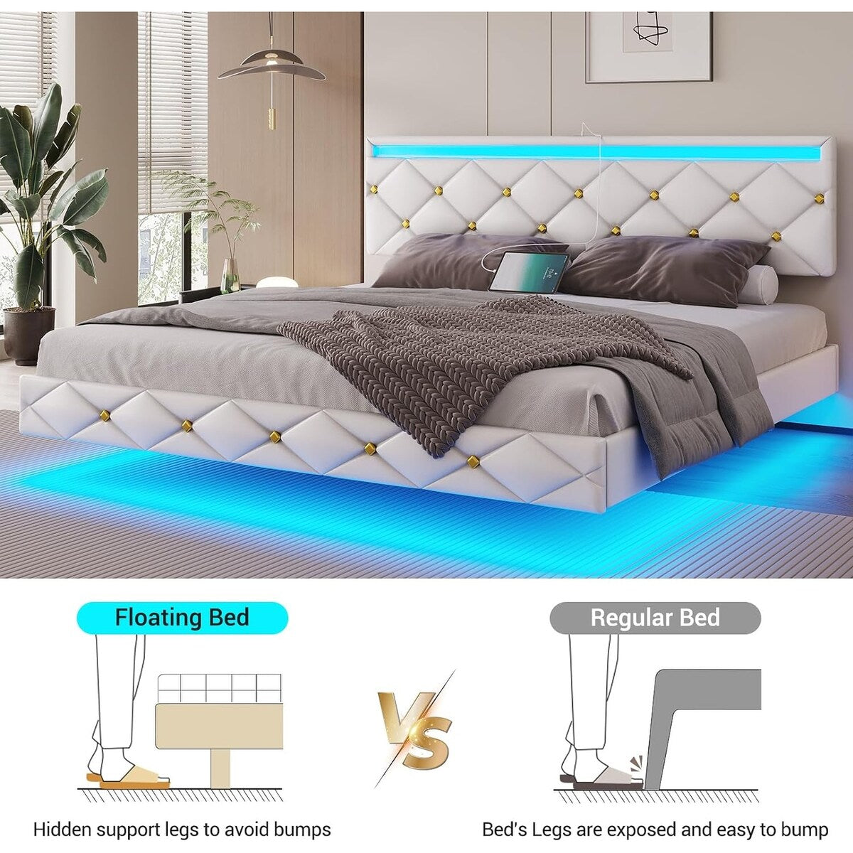 Floating Bed Frame LED Lights USB Ports Low Profile Faux Leather