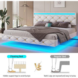 Floating Bed Frame LED Lights USB Ports Low Profile Faux Leather