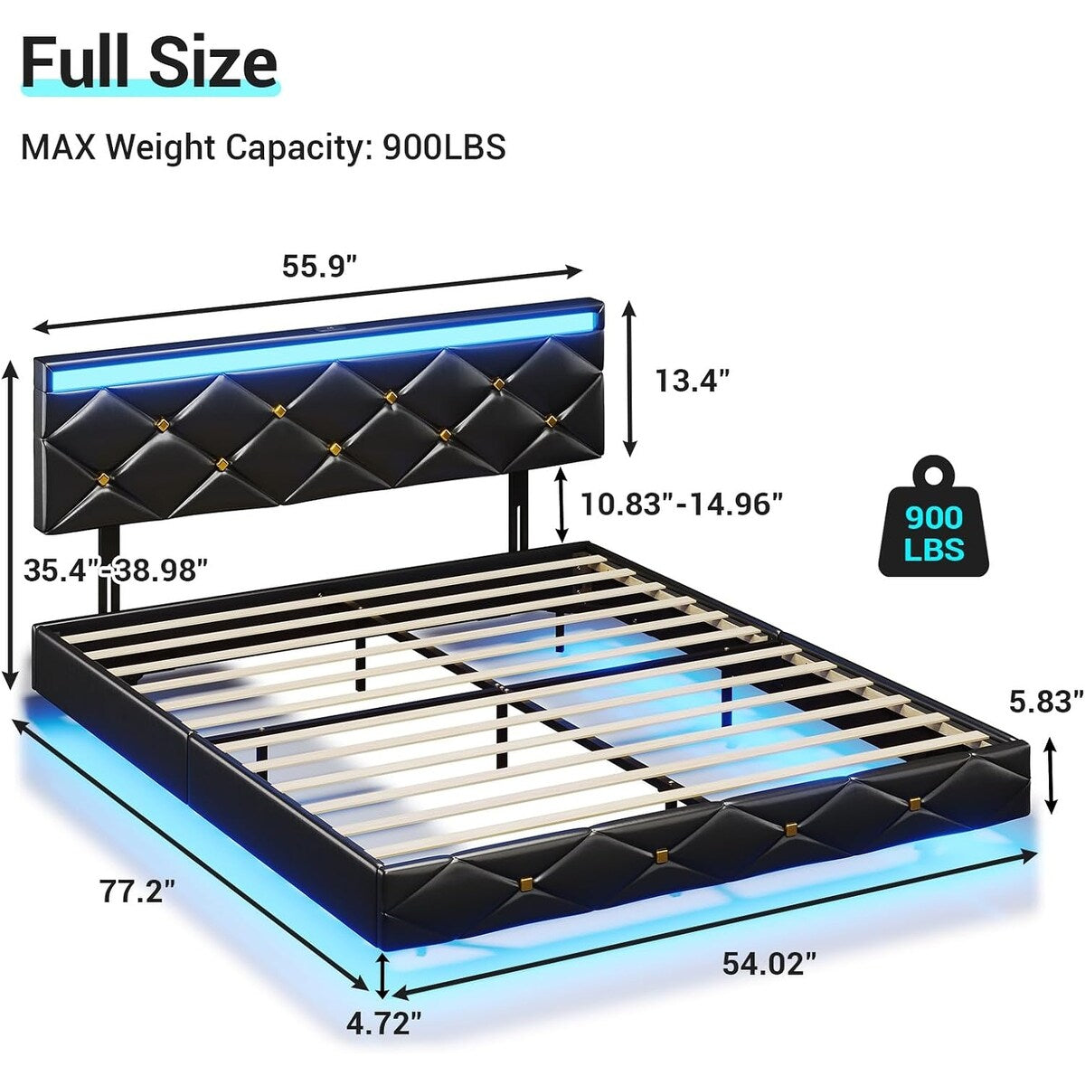 Floating Bed Frame LED Lights USB Ports Low Profile Faux Leather