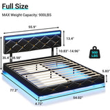Floating Bed Frame LED Lights USB Ports Low Profile Faux Leather