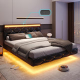 Floating Bed Frame LED Lights USB Ports Low Profile Faux Leather