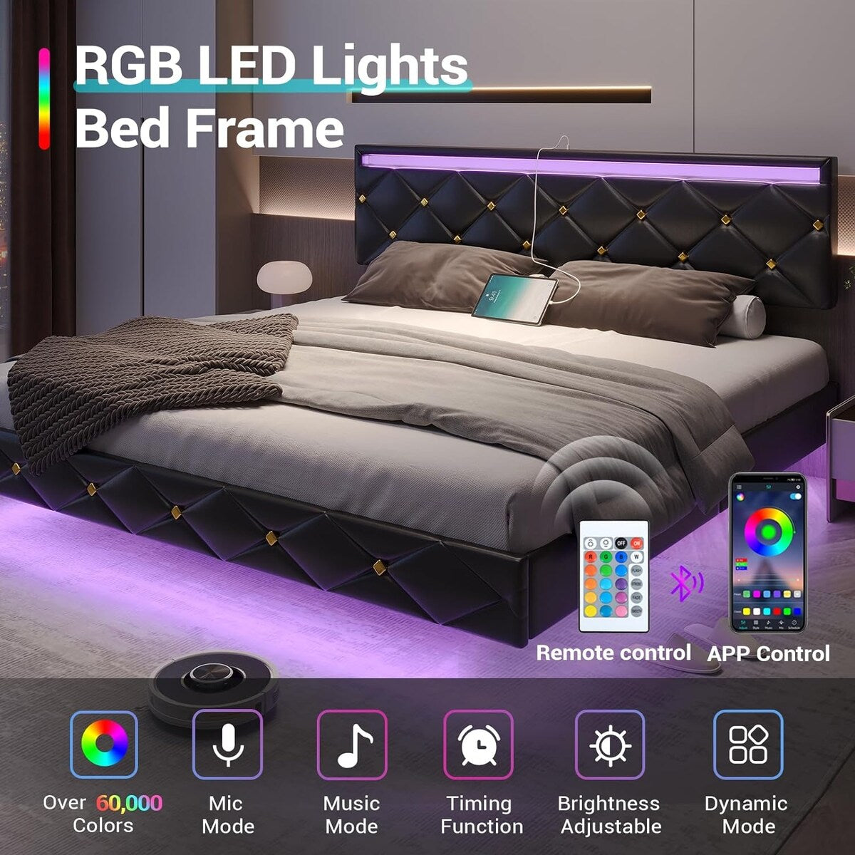 Floating Bed Frame LED Lights USB Ports Low Profile Faux Leather