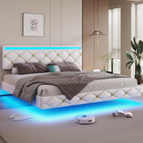 Floating Bed Frame LED Lights USB Ports Low Profile Faux Leather