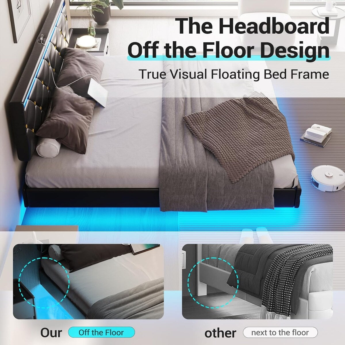 Floating Bed Frame LED Lights USB Ports Low Profile Faux Leather