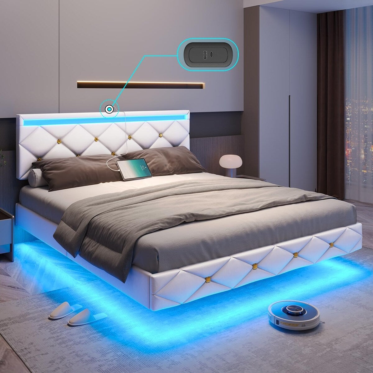 Floating Bed Frame LED Lights USB Ports Low Profile Faux Leather