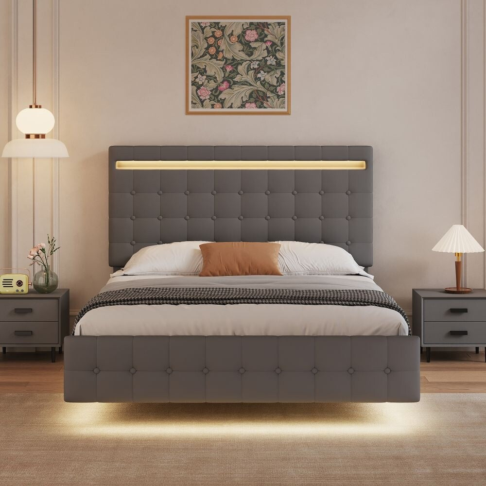 Floating Bed Frame Queen Size Upholstered Platform Bed