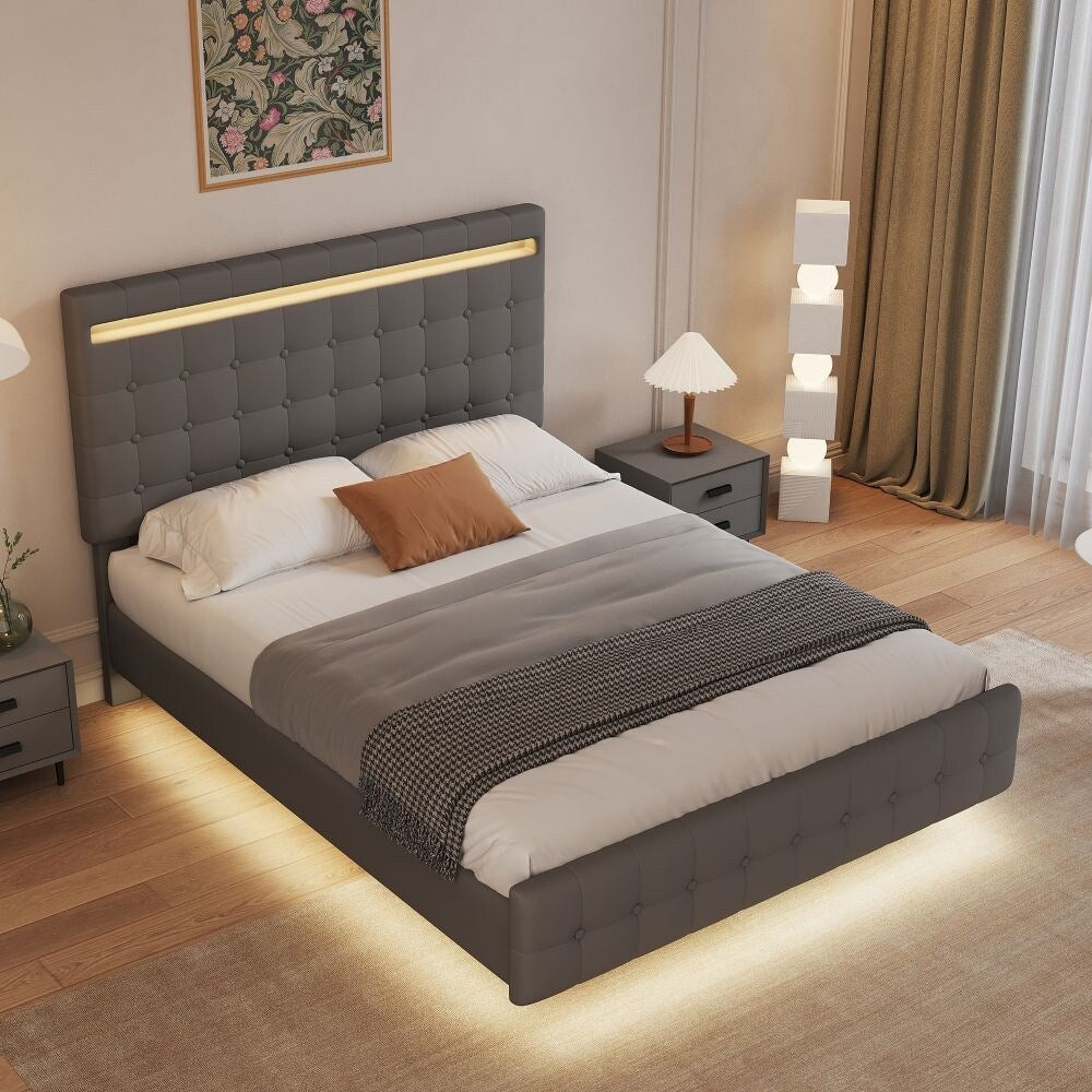 Floating Bed Frame Queen Size Upholstered Platform Bed