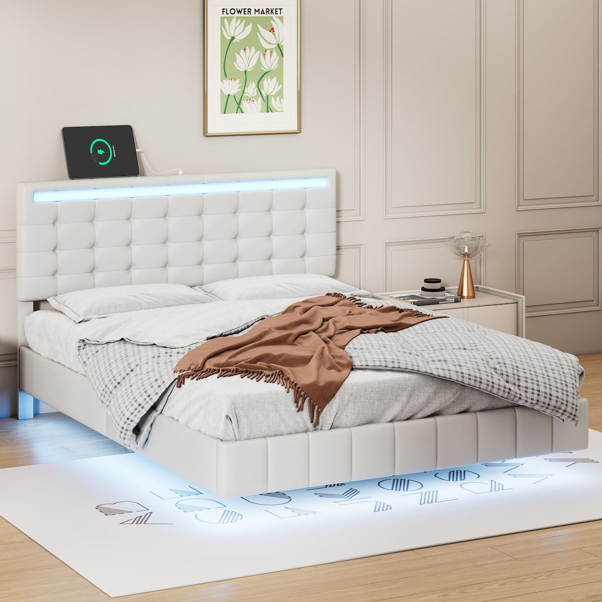 Floating Bed Frame with LED Lights and USB Charging