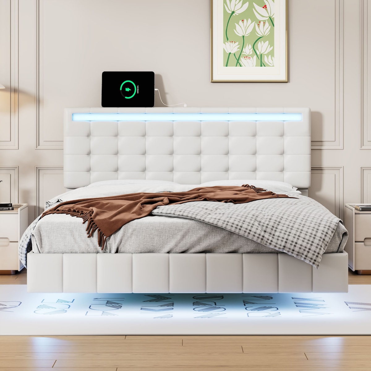 Floating Bed Frame with LED Lights and USB Charging