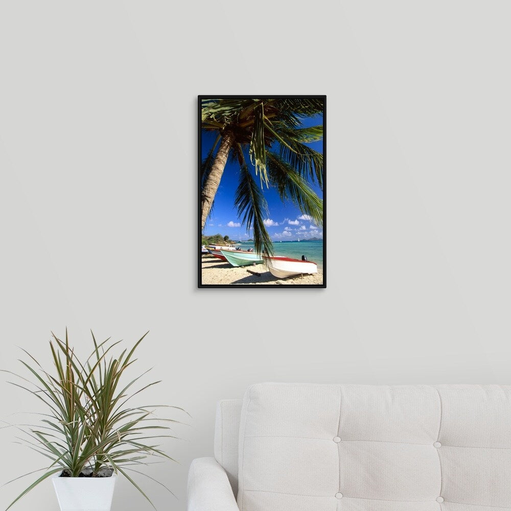 "Beached fishing boats on tropical beach" Black Float Frame Canvas Art