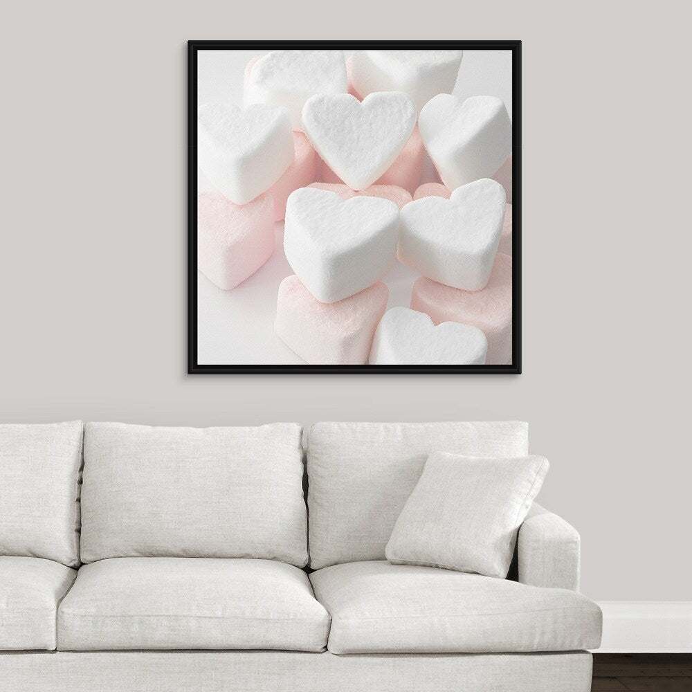 "Selection of pink and white heart shaped marshmallows." Black Float Frame Canvas Art