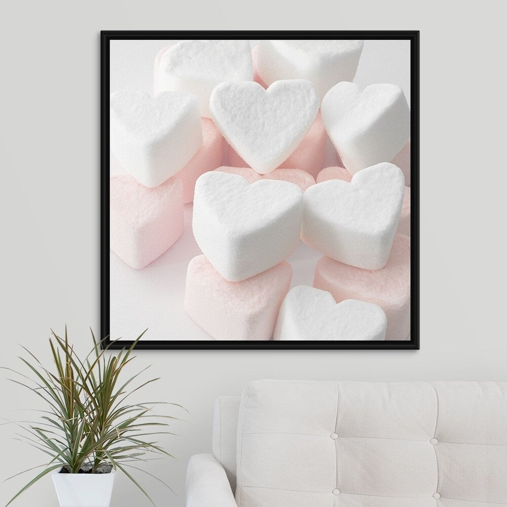"Selection of pink and white heart shaped marshmallows." Black Float Frame Canvas Art