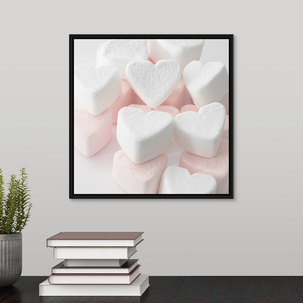 "Selection of pink and white heart shaped marshmallows." Black Float Frame Canvas Art