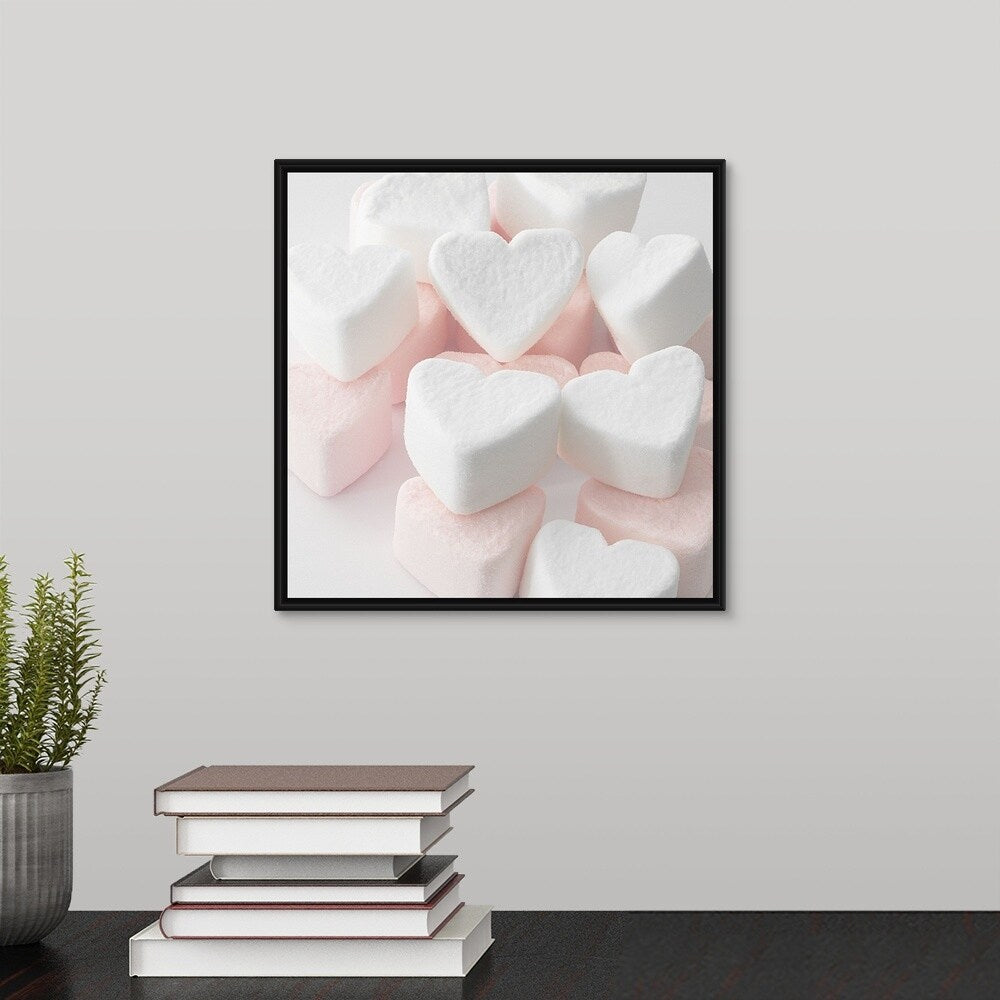 "Selection of pink and white heart shaped marshmallows." Black Float Frame Canvas Art