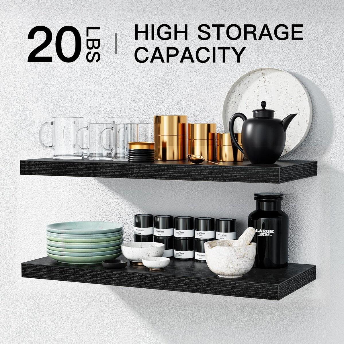 Floating Shelves Wall Mounted, 24 x 7 Inch Wall Shelves for Bathroom, Bedroom, Living Room, Black Shelves Set of 2 - AMFS05