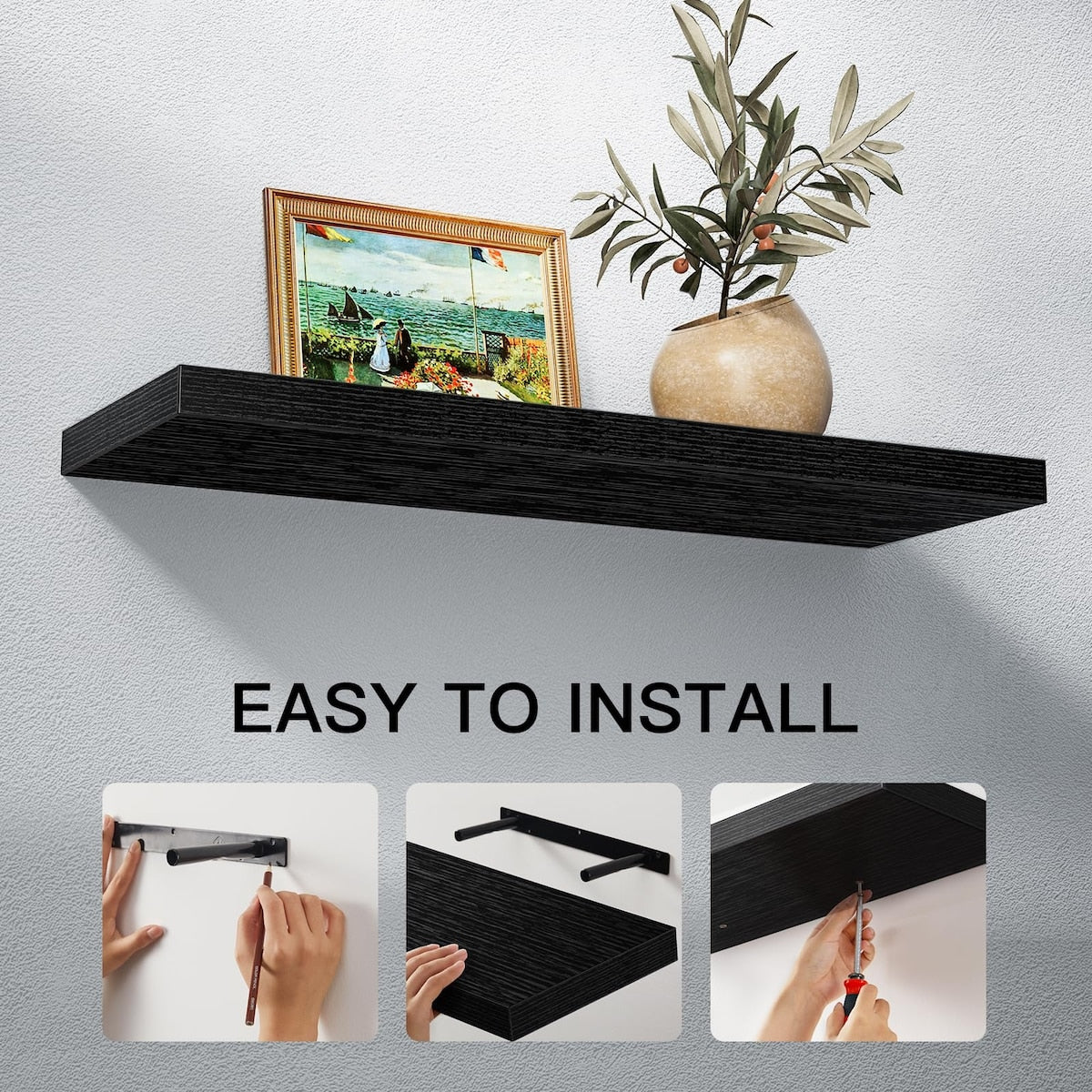Floating Shelves Wall Mounted, 24 x 7 Inch Wall Shelves for Bathroom, Bedroom, Living Room, Black Shelves Set of 2 - AMFS05