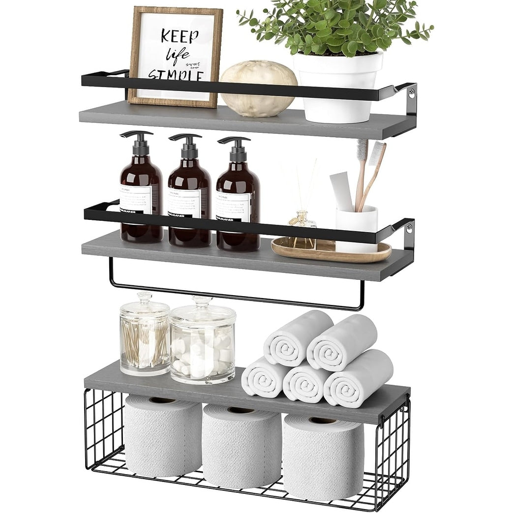 Floating Shelves with Storage Basket, Set of 3